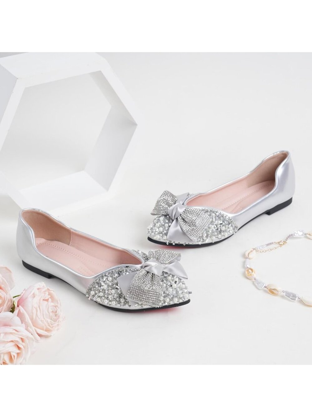 Women's Sliver Pointed Toe Casual Slip On Comfortable Wedding Dressy Flat Shoes - Picture 3 of 6